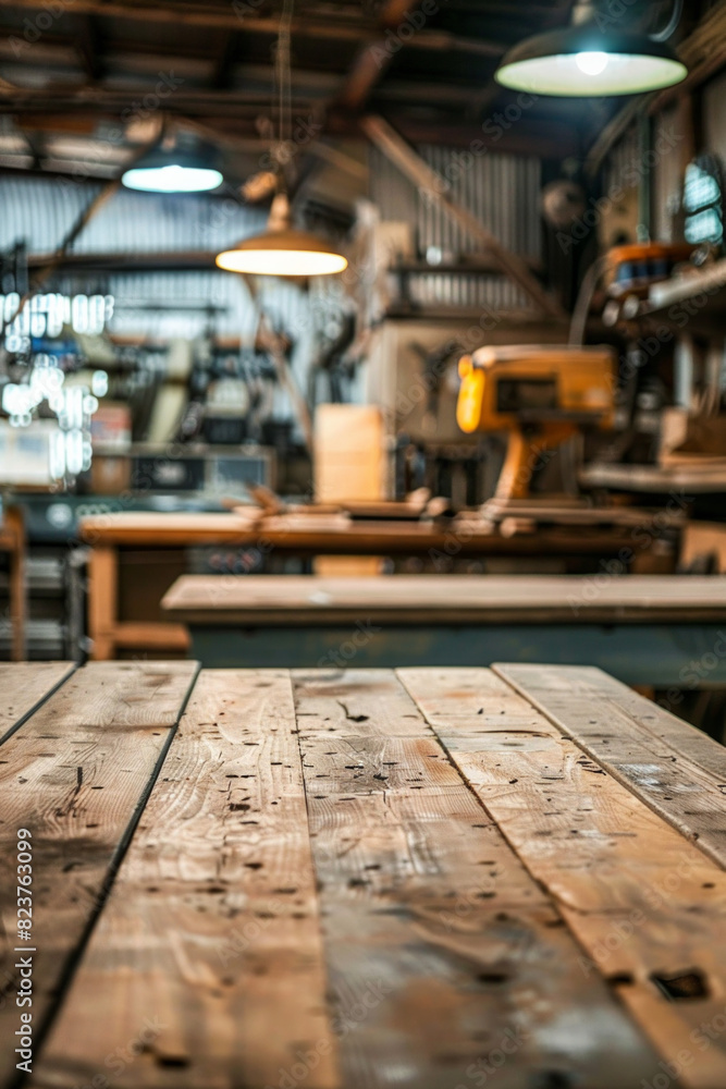 A wooden workbench in the foreground with a blurred background of an industrial workshop. The background includes various tools and equipment, metalworking machines, safety gear, and shelves. A wooden workbench in the foreground with a blurred background of an industrial workshop. The background includes various tools and equipment, metalworking machines, safety gear, and shelves.