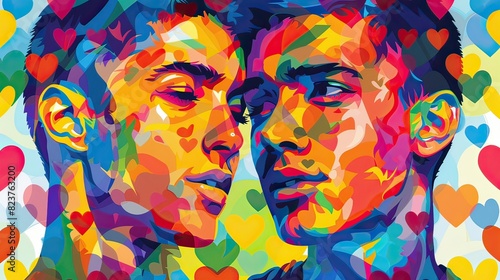 Portrait of a gay couple with abstract hearts, pop art, bold contrasts, digital illustration, showcasing love and connection © Khritthithat