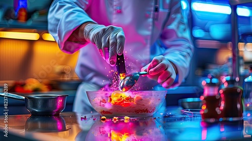 Fototapeta Naklejka Na Ścianę i Meble -  A chef creating a molecular gastronomy dish, detailed close-up, neon accents, photo-realistic, innovative