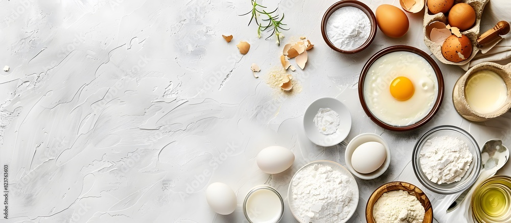 Easter bakery concept captured from above featuring a selection of baking essentials including sugar, butter, yogurt, eggs, and flour Easter bakery concept captured from above featuring a selection of baking essentials including sugar, butter, yogurt, eggs, and flour