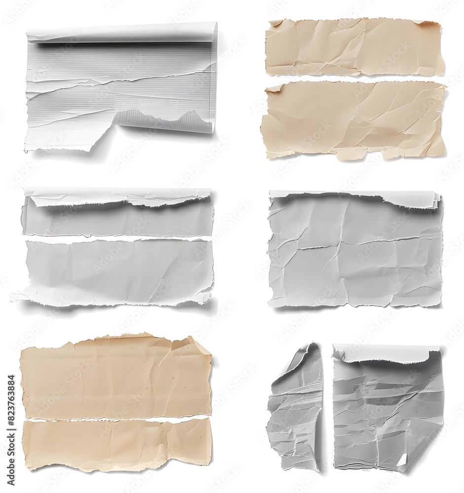 Eight ripped paper fragments against a plain white backdrop