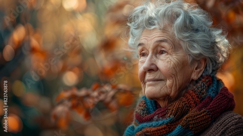 Elderly Woman in Cozy Knitted Sweater in Autumn Forest - Warmth and Wisdom