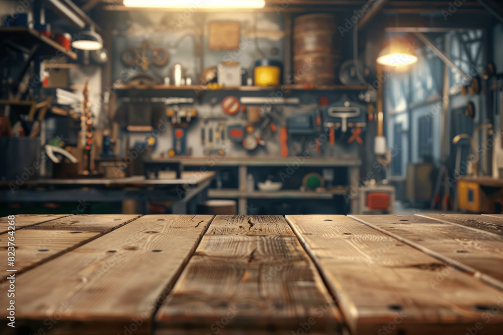 A wooden workbench in the foreground with a blurred background of an industrial workshop. The background includes various tools and equipment, metalworking machines, safety gear, and shelves. A wooden workbench in the foreground with a blurred background of an industrial workshop. The background includes various tools and equipment, metalworking machines, safety gear, and shelves.