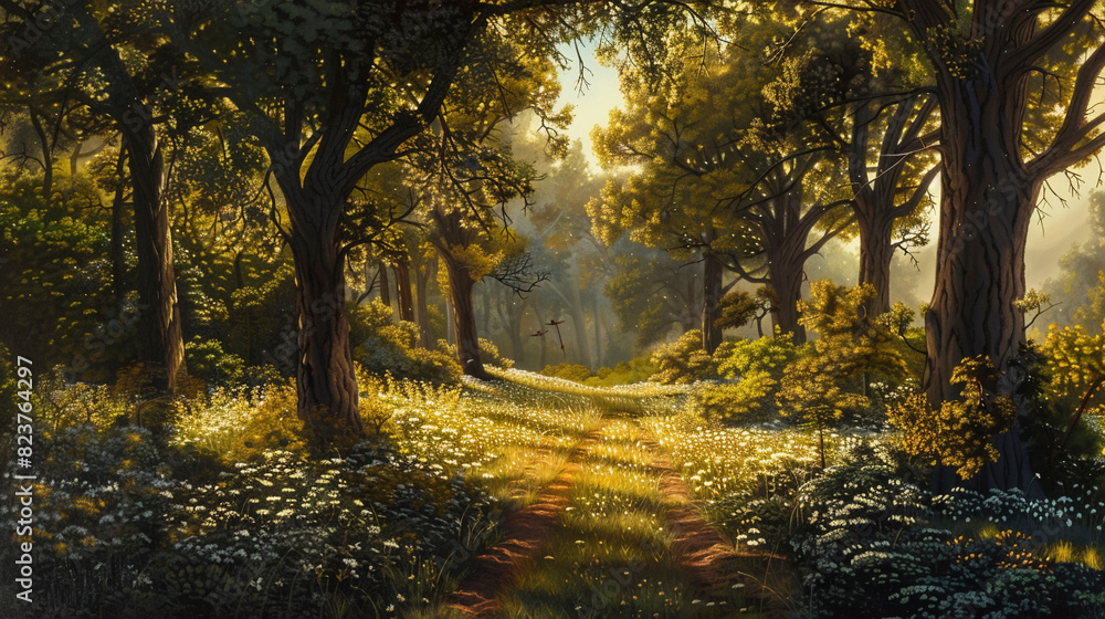 Vintage style Drawing of Sunlit Summer Forest with Path, horizontal orientation