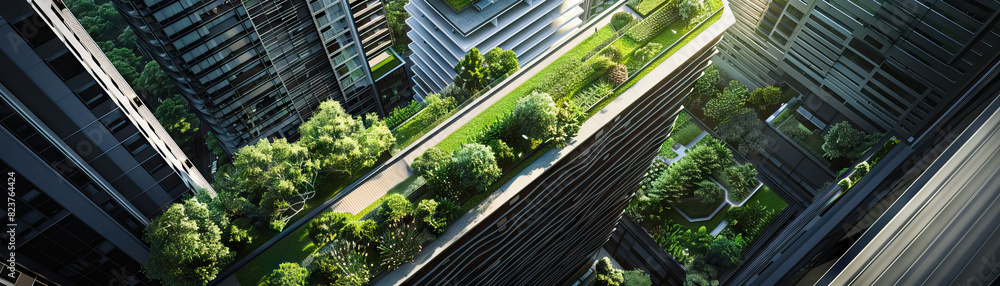 Green Roofs: Focus on buildings with green roofs and rooftop gardens, showcasing the city's commitment to sustainability and urban greenery