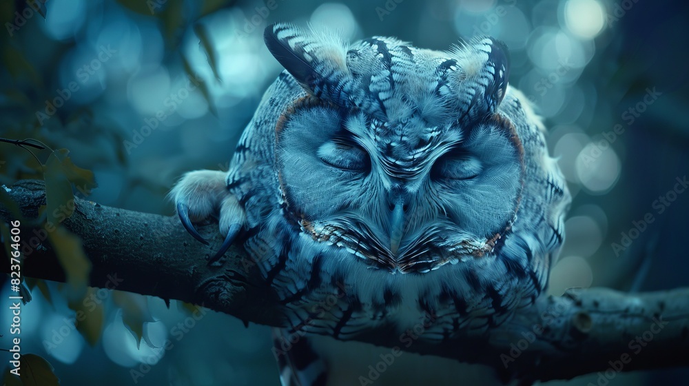 Fototapeta premium A sleepy owl with its head tilted, A tranquil owl with closed eyes, peacefully perched on a branch in a softly lit forest, exuding calm and serenity. perched on a branch