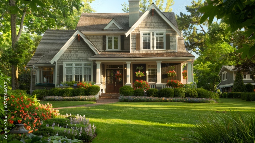 Suburban house with a traditional design, inspired by classic and timeless architecture. generative ai Suburban house with a traditional design, inspired by classic and timeless architecture. generative ai