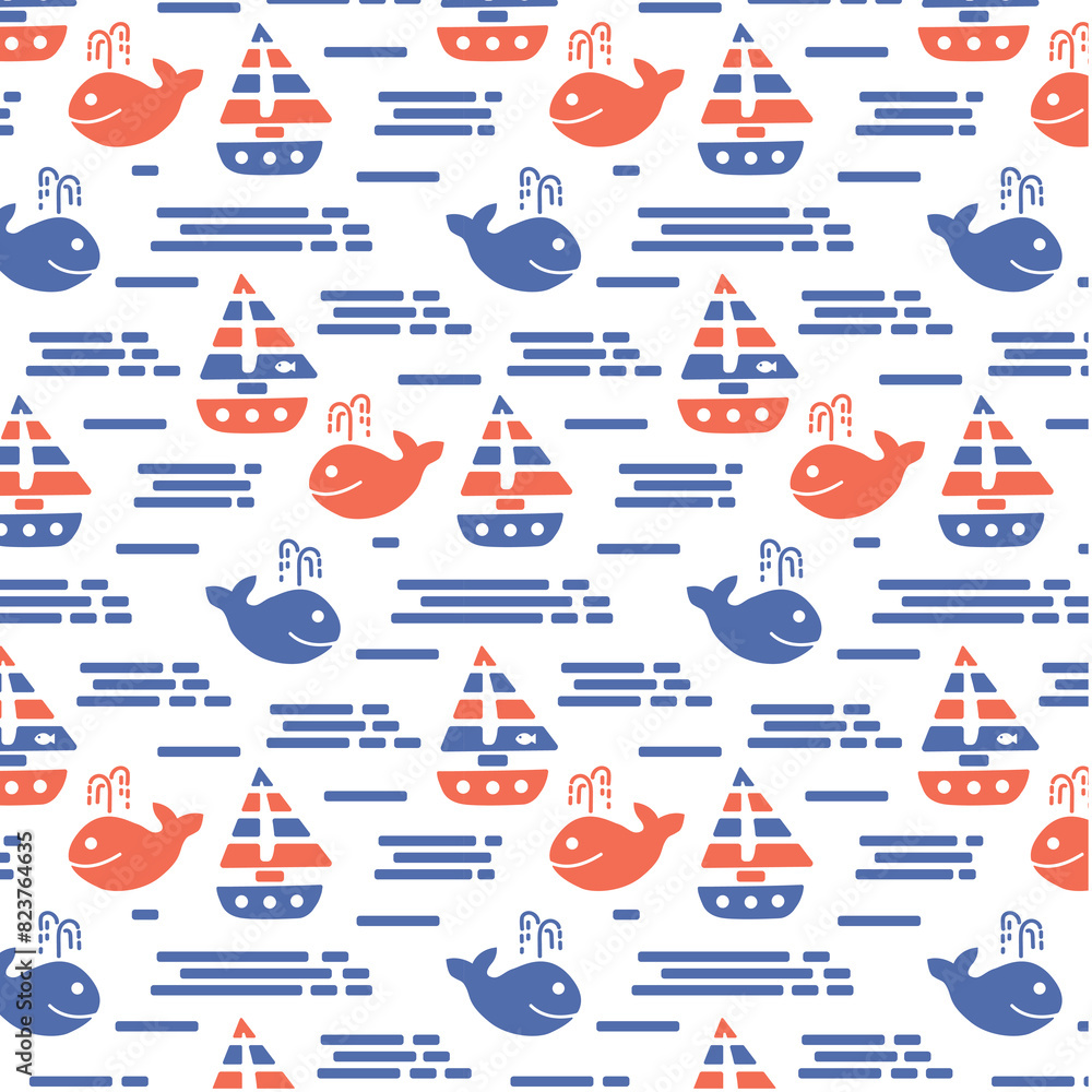 Retro abstract pattern with sea, whales and sailboat. Marine summer pattern for print design. Seamless vector pattern. Vector background illustration.