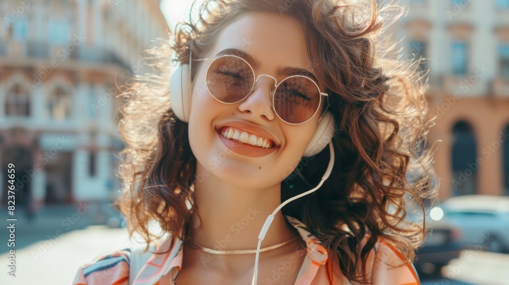 A woman with curly hair and sunglasses on a sunny day A woman with curly hair and sunglasses on a sunny day