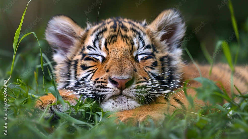 A sleepy tiger cub lying in tall grass, eyes half-closed, A tiger cub peacefully sleeping in the lush green grass, exuding innocence and tranquility in its natural habitat. A sleepy tiger cub lying in tall grass, eyes half-closed, A tiger cub peacefully sleeping in the lush green grass, exuding innocence and tranquility in its natural habitat.