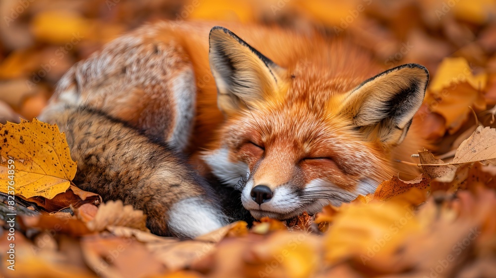 Dozy fox curled up in a ball, eyes half-closed, A red fox peacefully sleeping among colorful autumn leaves, capturing the essence of nature's tranquility and beauty. Dozy fox curled up in a ball, eyes half-closed, A red fox peacefully sleeping among colorful autumn leaves, capturing the essence of nature's tranquility and beauty.