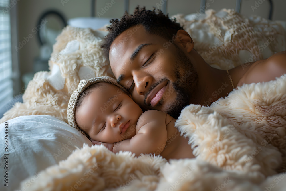Black man father sleeping with daughter or son child. Caring father hugs his baby tenderly. Father's Day or Children's Day concept Black man father sleeping with daughter or son child. Caring father hugs his baby tenderly. Father's Day or Children's Day concept