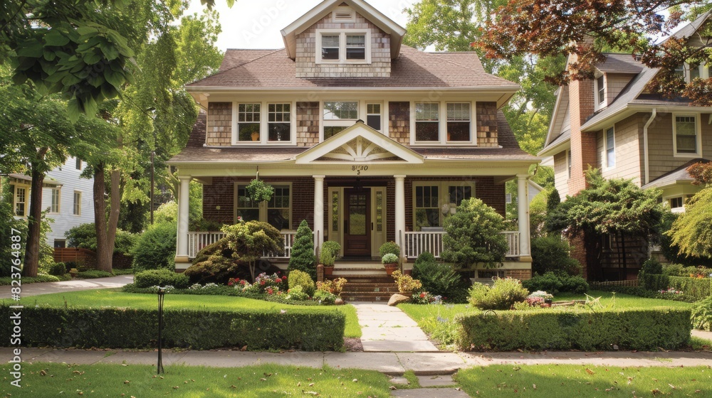 Suburban house with a traditional design, inspired by classic and timeless architecture. generative ai Suburban house with a traditional design, inspired by classic and timeless architecture. generative ai