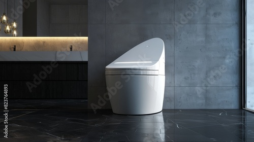 Modern bathroom with a sleek, white, futuristic toilet that has a curved design and a visible control panel on the side