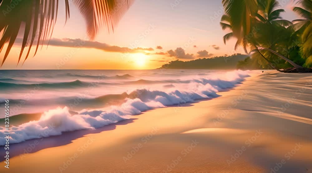 Coconut Tree Leaves Dancing in Harmony with Sea Waves on a Beach Background Coconut Tree Leaves Dancing in Harmony with Sea Waves on a Beach Background