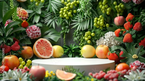 A colorful display of fruits and flowers  including apples  oranges  and roses