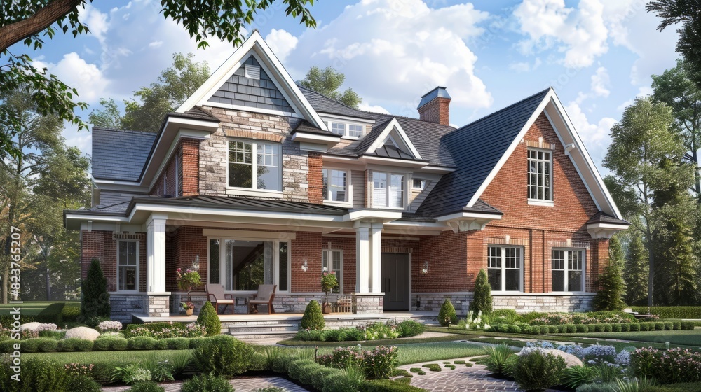 Suburban house with a traditional design, inspired by classic and timeless architecture. generative ai Suburban house with a traditional design, inspired by classic and timeless architecture. generative ai