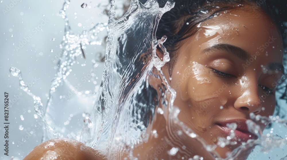 Dynamic Skincare Banner Featuring a Woman Splashing Water on Her Face - Vitality and Cleansing Concept
