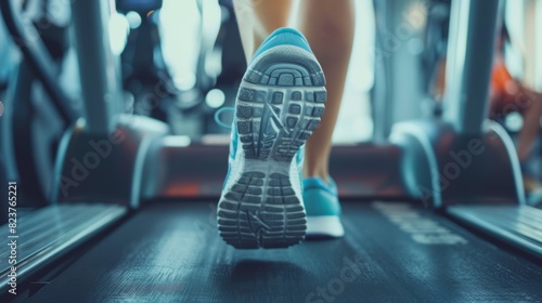 Athlete's Foot on Stair Climber - Fitness and Gym Equipment Banner for Athletic Shoe Advertisement © spyrakot
