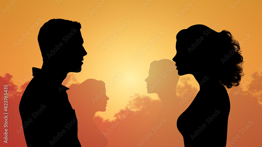 Silhouettes of Young Couple with Question Mark Symbolizing Doubt in Relationship, Divorce and Crisis