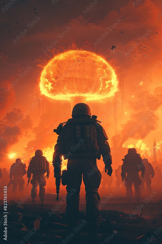 Atomic war with a nuclear bomb, military intelligent robots and drones rule the earth, world conflict between nuclear powers.	
