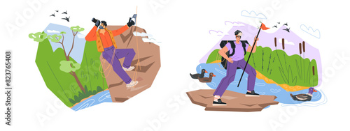 Hiking and climbing people in landscape banners, vector illustration isolated on white. Scenes for hiking and tourism on nature, trekking and climbing in mountain.