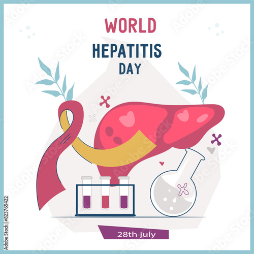 Hepatitis awareness day banner or poster template, square composition, flat vector illustration isolated on white. Liver Hepatitis diseases treatment and diagnosis concept.