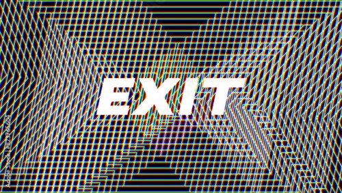 Glitch lines video neon glowing with and Exit letters, blinking, explosions and burst motion on black and white background. Emergency danger and escape abstract concept, club, nightclub dorway photo