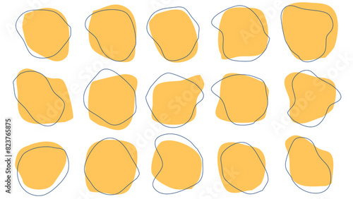 15 Modern orange drop Shapes liquid irregular blob with dark blue line abstract elements graphic flat style design fluid illustration set
