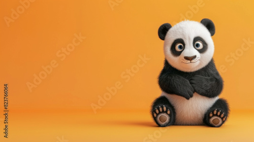 Cute panda baby isolated on light orange background with copy space on the side. © Tepsarit