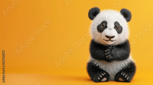 Cute panda baby isolated on light orange background with copy space on the side.