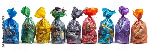 Trash bags set, full plastic garbage containers, polyethylene rubbish bag set, rubbish sack isolated, waste photo