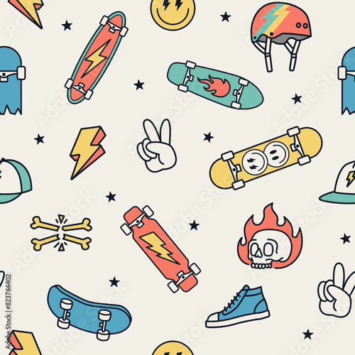 Skateboard seamless pattern. Skateboard background.Vector line art style seamless pattern with illustrations of skateboards, lightning, caps, and hand signs.