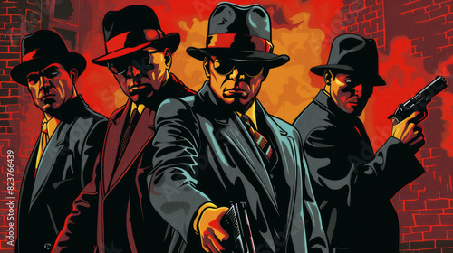Cool looking gangster mafia group in retro comic style illustration. photo