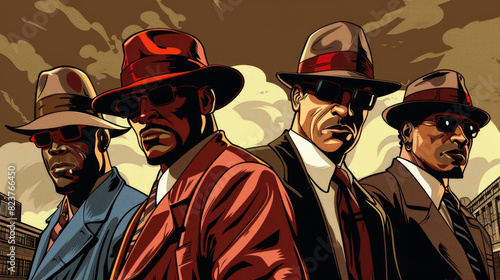 Cool looking gangster mafia group in retro comic style illustration. photo