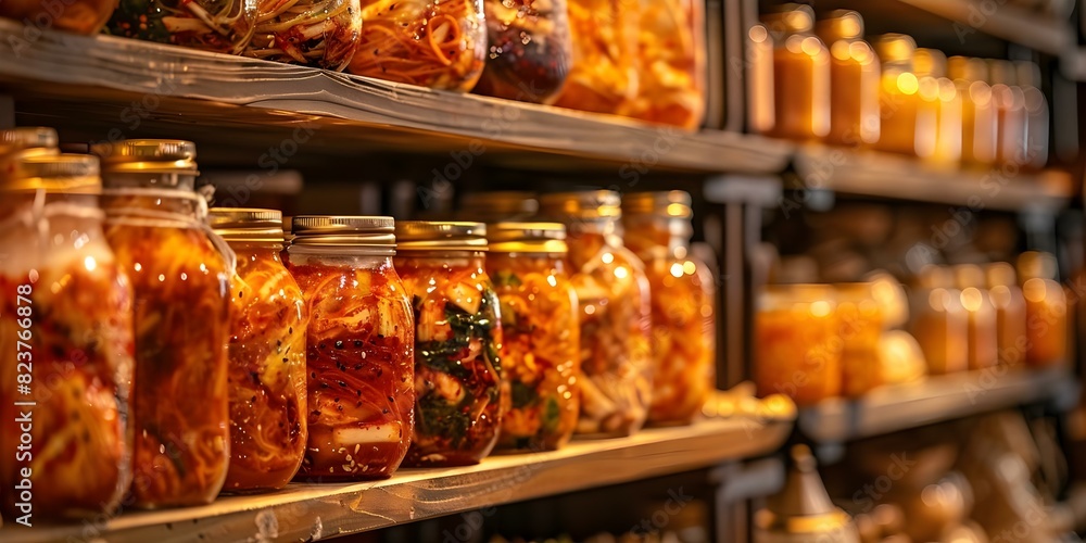 Organized display of kimchi jars on a shelf. Concept Kimchi, Jar Display, Organized, Shelf Decor, Korean Cuisine