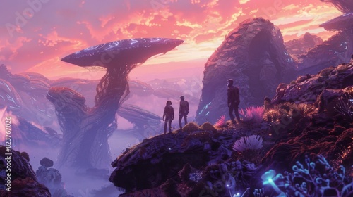 A group of explorers traverses an alien planets rugged terrain under a vibrant, colorful sunset sky. They stand amidst unique rock formations and glowing flora.