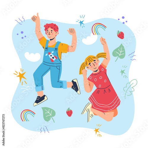 Cheerful kids jumping high up, happy active kids characters for educational and children's entertainment projects, flat cartoon vector illustration isolated on white background.