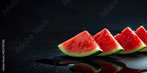 A close up of four slices of watermelon on a black background. The slices are cut in half. Concept of freshness and summertime. watermelon slices  on the horizon photos on a black background 