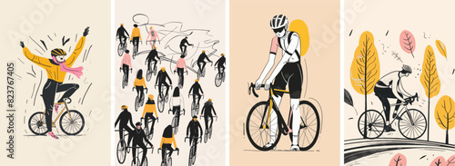 Collection of minimal road bike racing poster cover designs. Abstract cycling sports background