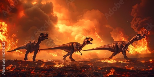 Fototapeta Naklejka Na Ścianę i Meble -  Three dinosaurs walking under a fiery sky, creating a dramatic apocalyptic scene. Concept Apocalyptic Scene, Dinosaurs, Fiery Sky, Dramatic Setting, Jurassic Inspiration