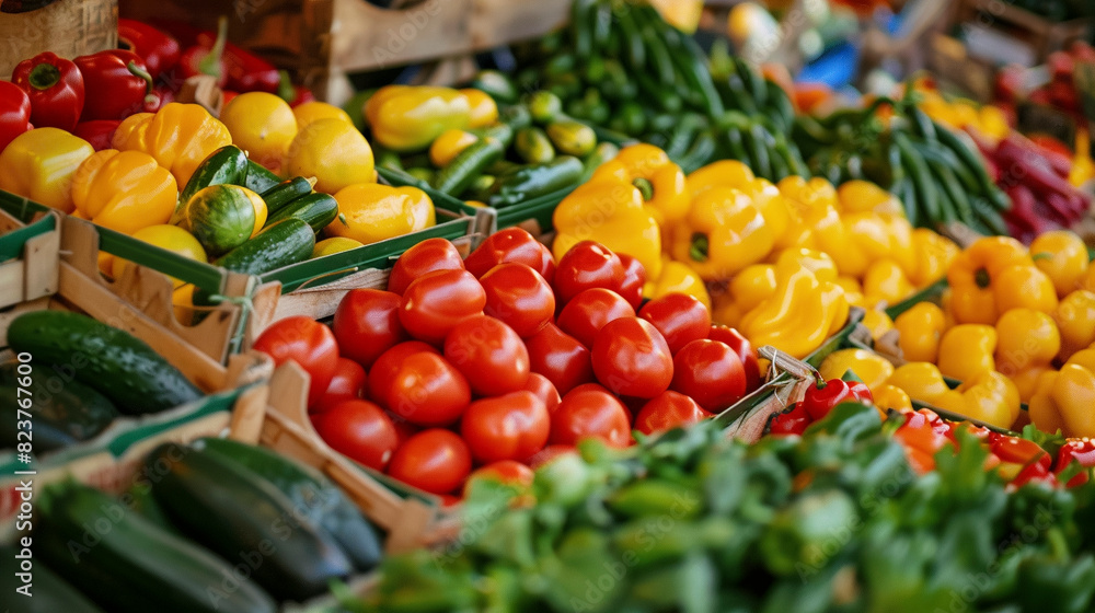 Colorful Display of Fresh Peppers and Tomatoes at Farmers Market Colorful Display of Fresh Peppers and Tomatoes at Farmers Market