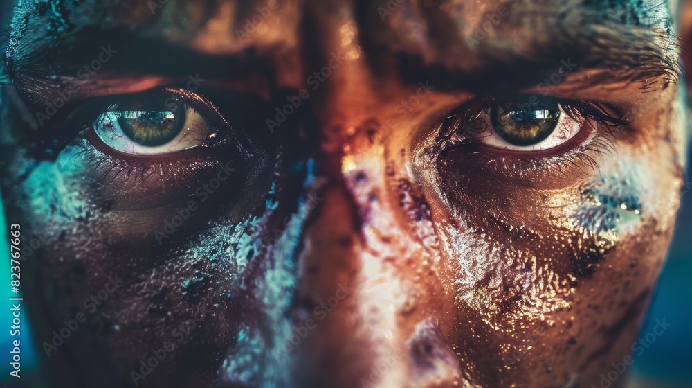 A close-up photo of a boxer's face, with their eyes swollen and their nose bleeding. A close-up photo of a boxer's face, with their eyes swollen and their nose bleeding.