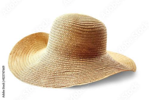 A straw hat with a wide brim is sitting on a white or transparent background