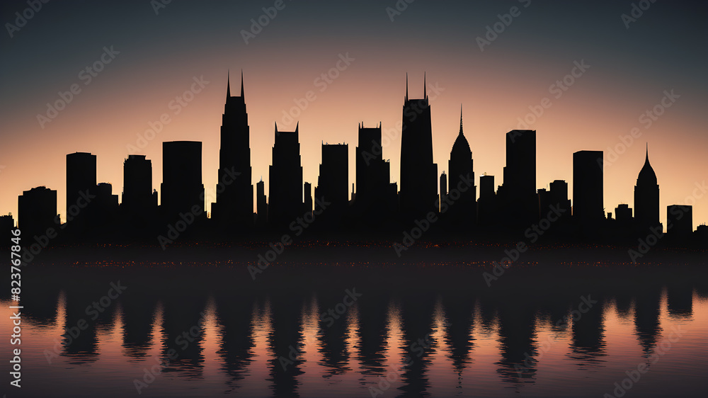 Fototapeta premium Sunset silhouette city and sea reflection, Generative AI
