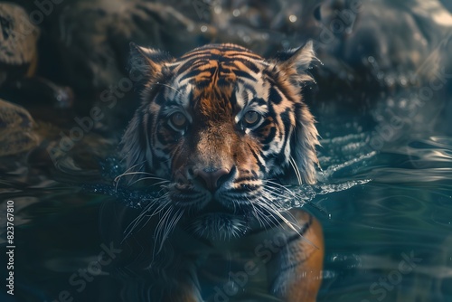 a tiger swims in a deep river