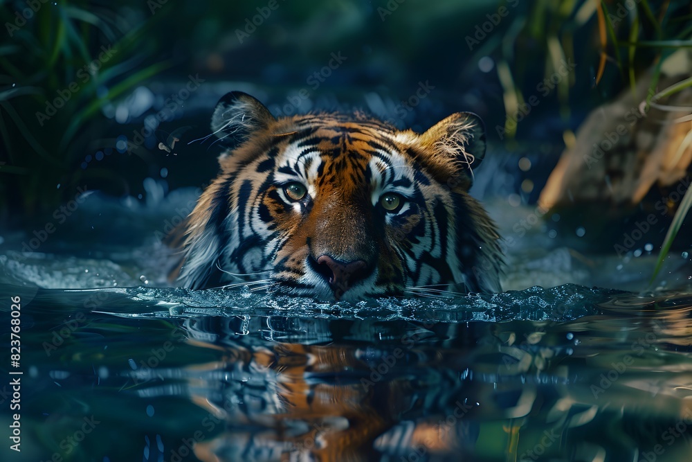 a tiger swims in a deep river