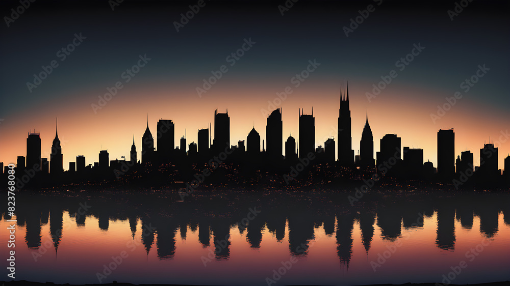 Sunset silhouette city and sea reflection, Generative AI