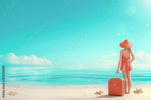 Woman in red dress with suitcase standing on tropical  beach looking at ocean. Concept of travel and summer adventure. © Tam