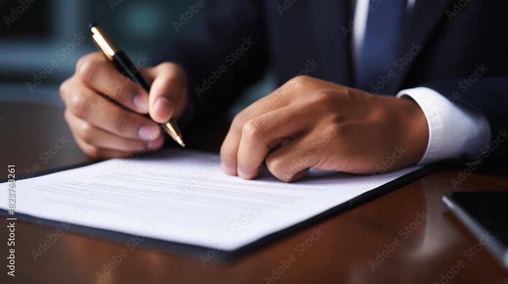 A close-up photo of a businessman's hand signing an important document, conveying a sense of authority and commitment., A close-up photo of a businessman's hand signing an important document, conveying a sense of authority and commitment.,